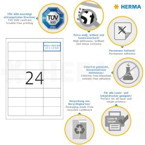 Štítky Premium A4, biely 64,6x33,8 mm matný papier 4800 ks.