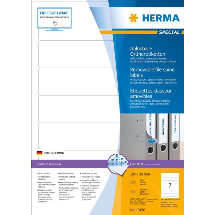 Štítky na zakladače A4 biele 192x38 mm Pohyblivé odnímateľné matné nepriehľadné 700 ks.