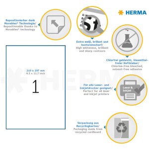 Štítky HERMA A4 biele 210x297 mm snímateľný papier matný 100 ks.