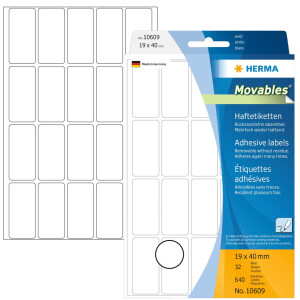 Viacúčelové etikety biele 19x40 mm Pohyblivý snímateľný papier matný 640 ks.