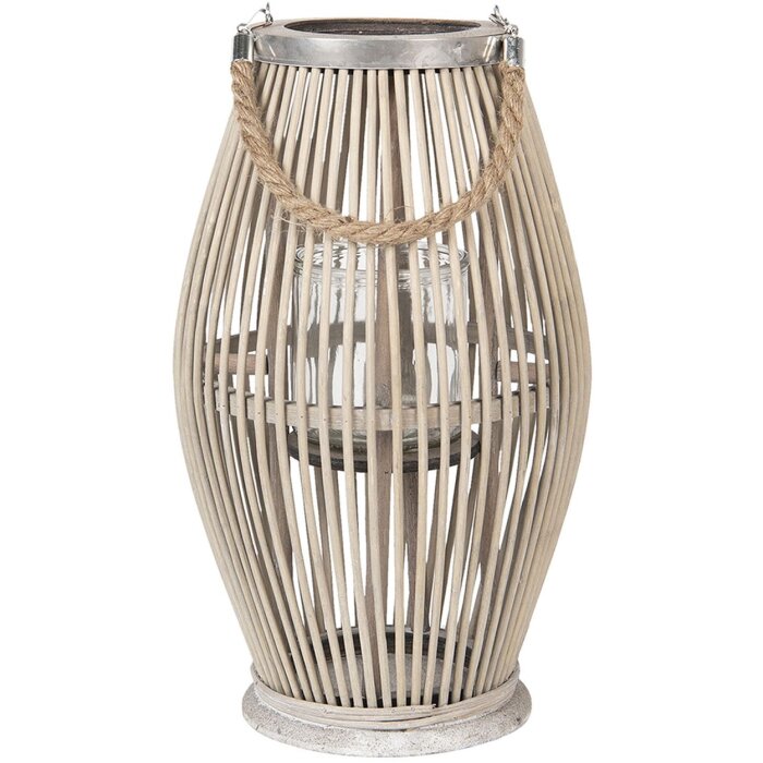 Clayre & Eef 6RO0470M Svietidlo Ø 23x40 cm Sivý drevený sklenený okrúhly svietnik