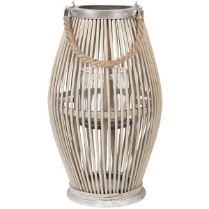 Clayre & Eef 6RO0470M Svietidlo Ø 23x40 cm Sivý drevený sklenený okrúhly svietnik