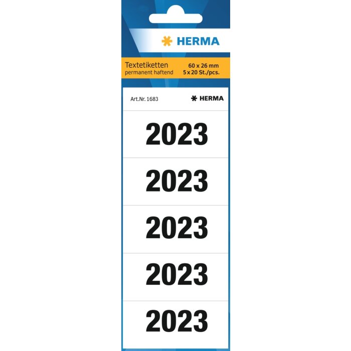 HERMA čísla roku 2023 pre zakladače, 60 x 26 mm, biele, permanentné lepidlo