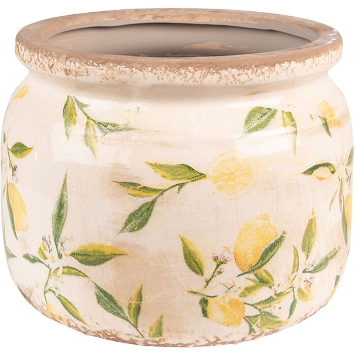 Clayre & Eef 6CE1535L Kvetináč keramický Ø 20x15 cm žltý béžový Vintage