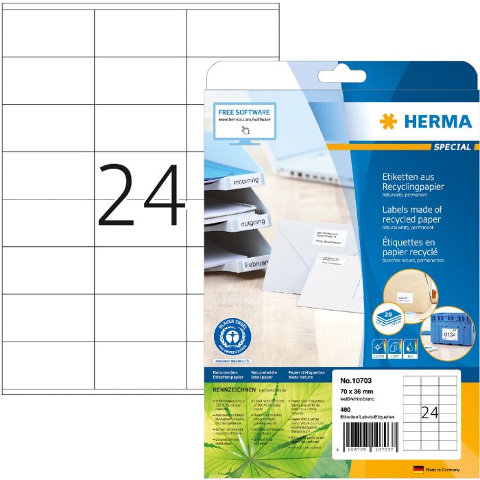 HERMA 10703 Etikety recyklovaný papier A4 70x36mm biely permanentný