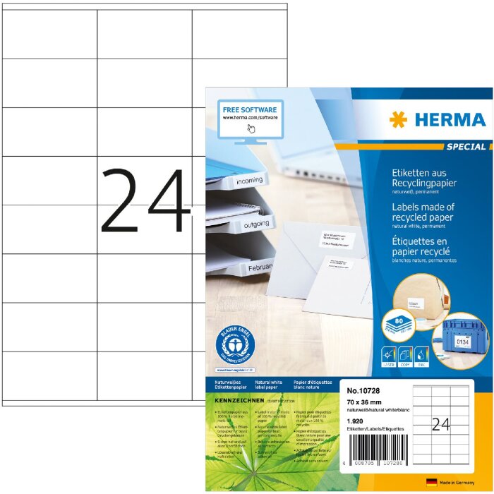 HERMA 10728 Recyklované papierové etikety A4 70x36 mm biele permanentné lepidlo