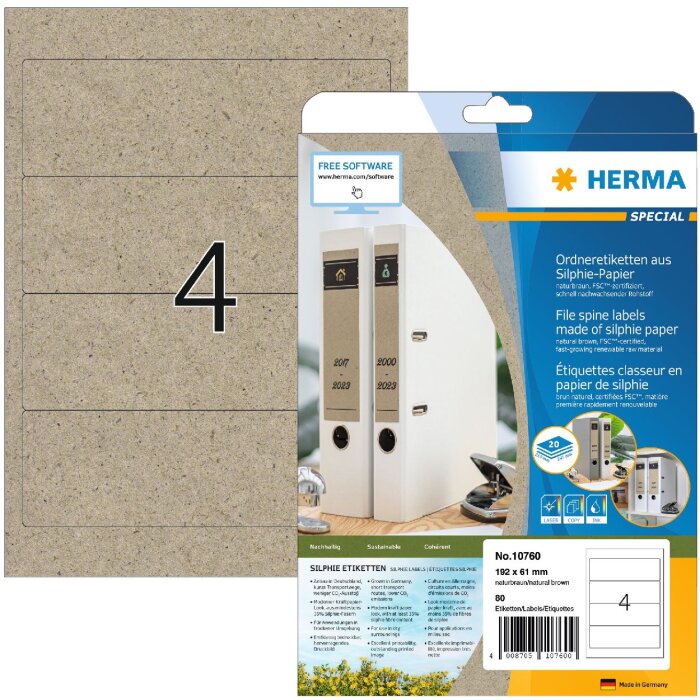 HERMA 10760 Štítky na zakladače 192 x 61 mm, prírodná hnedá farba, permanentné lepidlo 80 ks.