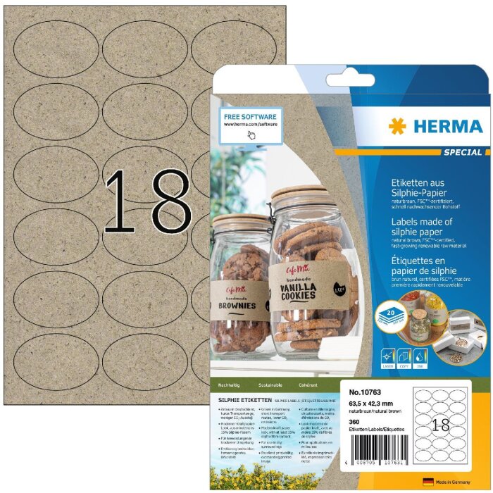 HERMA 10763 Štítky Silphie papier A4 oválny 63,5x42,3 mm prírodný hnedý permanentný