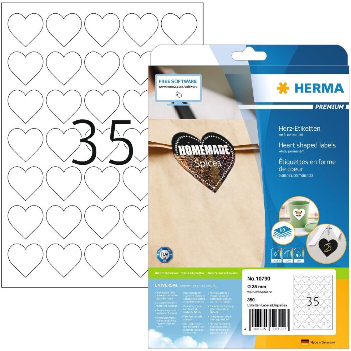 HERMA 10790 PREMIUM srdiečkové etikety A4, Ø 35 mm, biele, permanentné lepidlo