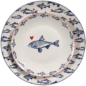 Clayre & Eef tanier SSFDP Biely Modrý motív ryby Ø 20x2 cm porcelán