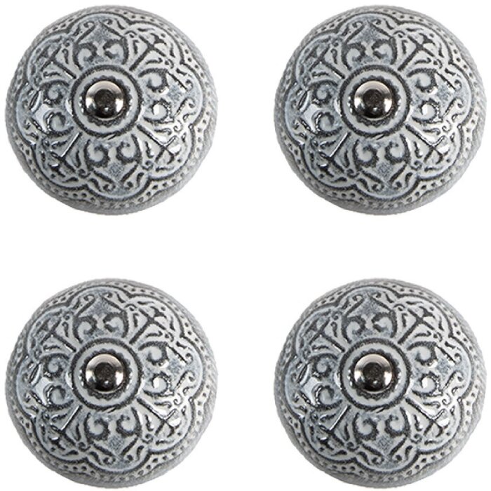 Clayre & Eef 65303 Kľučka na dvere Vintage Silver Ø 4x3/6 cm Sada 4 kusov