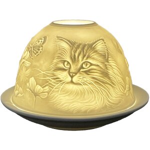 Clayre & Eef 6CE1809 Porcelánový držiak na čajovú sviečku Cat Ø 12x8 cm biely
