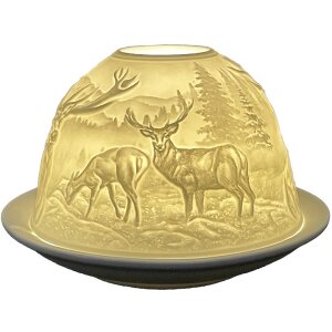 Clayre & Eef 6CE1812 Stojan na čajovú sviečku Ø 12x8 cm biely porcelán s dizajnom jeleňa