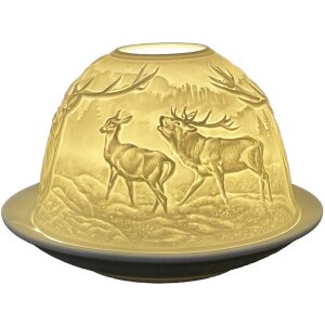 Clayre & Eef 6CE1812 Stojan na čajovú sviečku Ø 12x8 cm biely porcelán s dizajnom jeleňa