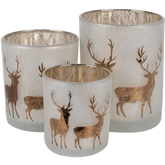 Clayre & Eef 6GL4666 Sada 3 držiakov na čajové sviečky biele zlato Ø 7/9/10 cm sklo