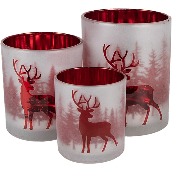 Clayre & Eef 6GL4665 Sada 3 držiakov na čajové sviečky bielo-červená Ø7x8 Ø9x10 Ø10x12 cm