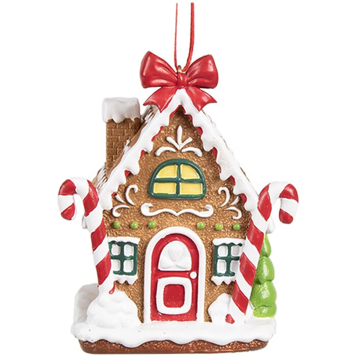 Clayre & Eef 6PR4254 Vianočná visačka perníková chalúpka hnedá biela 7x5x9 cm