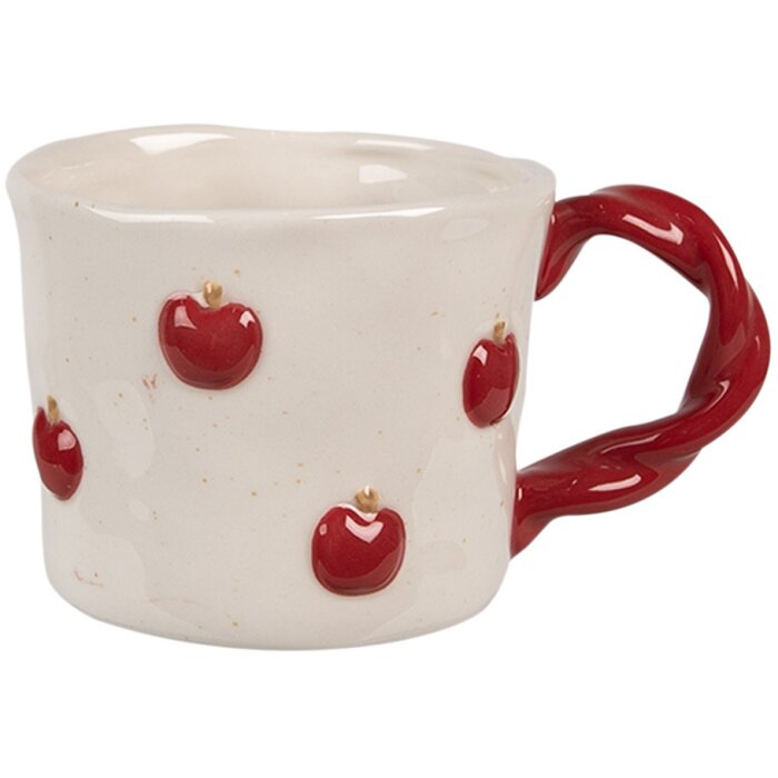 Clayre & Eef 6CEMU0150 Hrnček keramický 200 ml béžový červený s motívom jablka Retro dizajn