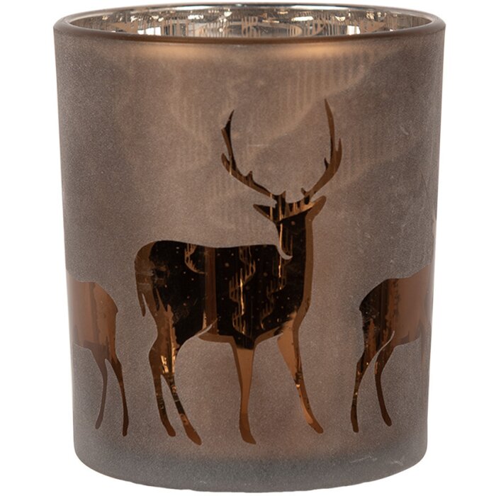 Clayre & Eef 6GL4661 Stojan na čajovú sviečku s motívom jeleňa hnedý Ø 9x10 cm sklo