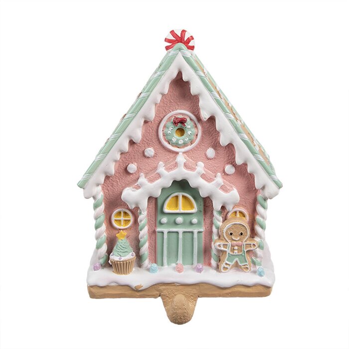 Clayre & Eef 6PR4264 Držiak vianočnej pančuchy Perníkový domček ružový 13x10x18 cm