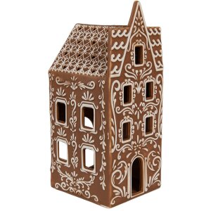 Clayre & Eef 6CE1746 Stojan na čajovú sviečku Dom porcelánový hnedý biely 7x7x17 cm