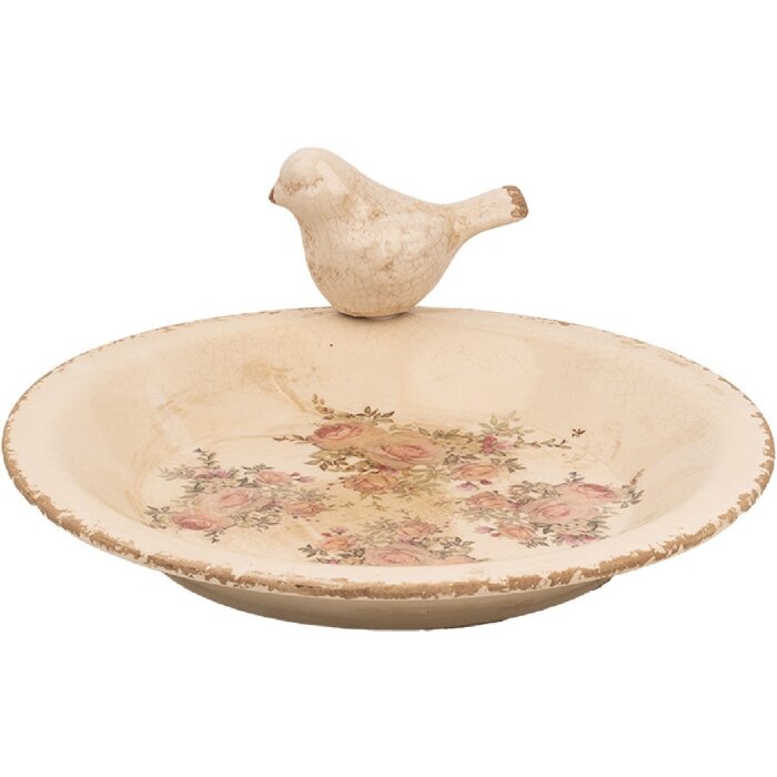 Clayre & Eef 6CE1949L Miska na kŕmenie vtákov Ø 26x10 cm Keramické ruže Vintage