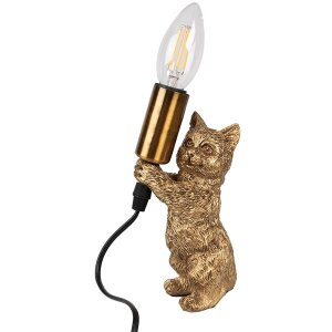 Clayre & Eef 6LMP791 Stolná lampa Cat Gold 9x9x18 cm E14 max 40W