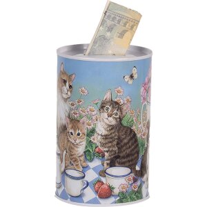 Clayre & Eef 6BL0167 Pokladnička na peniaze s motívom mačky Ø 8x13 cm vo vidieckom štýle