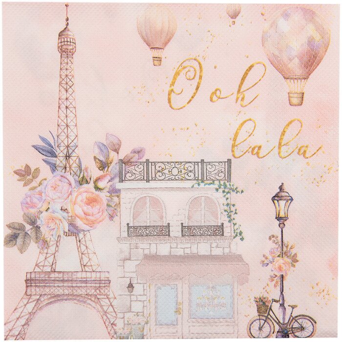 Clayre & Eef 73072 papierové obrúsky ružové s motívmi Paríža 33x33 cm 20 ks