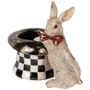 Clayre & Eef 6PR5492 Dekoratívny králik s klobúkom béžová čierna 25x16x23 cm