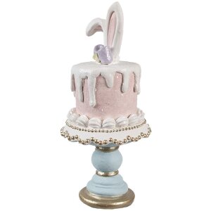 Clayre & Eef Dekoratívny králik na stojane na tortu ružovo biely Ø 9x20 cm