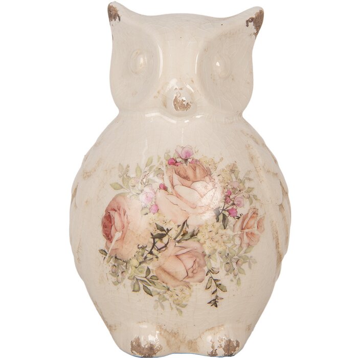 Clayre & Eef dekoratívna sova 11x10x17 cm vidiecky štýl keramika béžová ružová