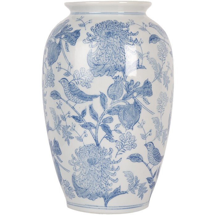 Clayre & Eef 6CE2102 Keramická váza bielo-modrá Ø 17x27 cm Botanický štýl