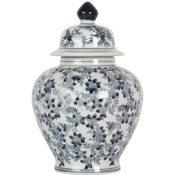 Clayre & Eef 6CE2099 Dekoratívny hrniec s pokrievkou bielo modrý Ø 14x21 cm