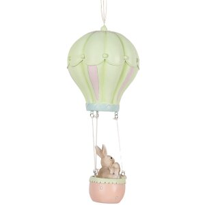 Clayre & Eef Dekoratívny prívesok Králik Teplovzdušný balón Béžová Zelená Ø14x34cm