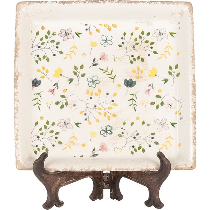 Clayre & Eef Dekoratívny tanier 22x22 cm Béžový vintage keramický kvetinový vzor