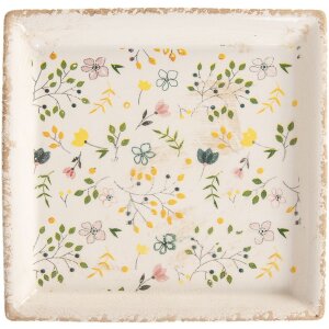 Clayre & Eef Dekoratívny tanier 22x22 cm Béžový vintage keramický kvetinový vzor