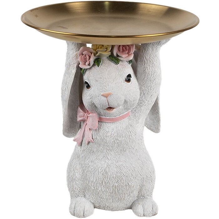 Clayre & Eef Dekorácia Králik s miskou Biele zlato Ø 21 cm Polyresin