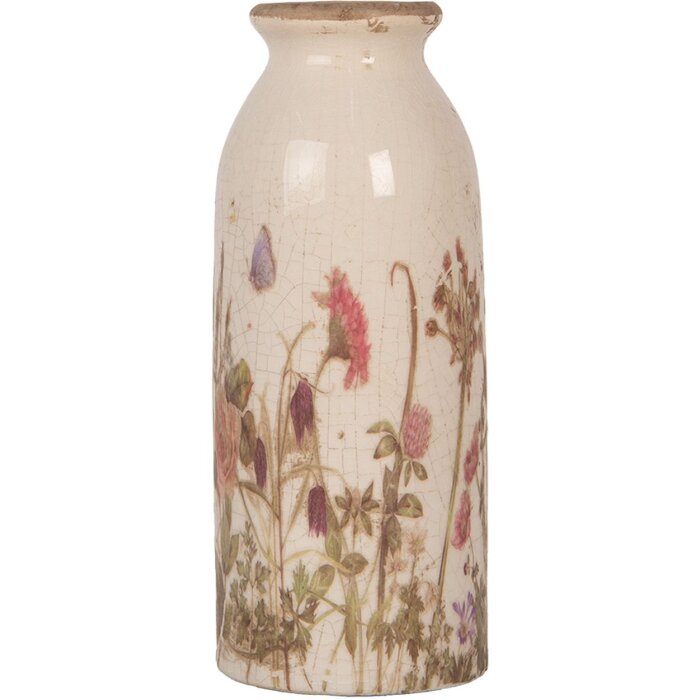 Clayre & Eef 6CE2029 Keramická váza béžová ružová zelená Ø8xH20cm Vintage dizajn