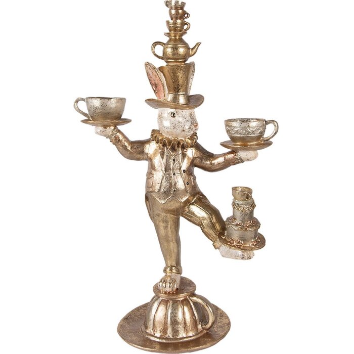 Clayre & Eef dekoratívny králik zlatý 35x22x58 cm polyresin s čajovým servisom