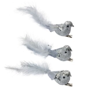 Clayre & Eef 66137 Dekoračná súprava vtákov 3 strieborné s pierkami 12x3x4 cm Klip