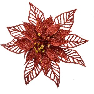 Clayre & Eef Vianočná kvetinová súprava 2ks červená Ø15x2cm plastová trblietavá dekorácia