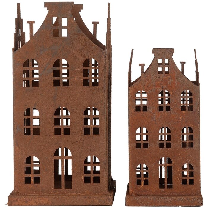Clayre & Eef 6Y5775 Dekorácia Domček Sada 2 kovových dekorácií v hnedom vidieckom štýle 11x11x21cm