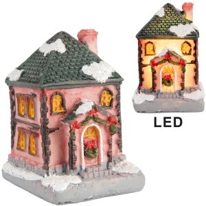 Clayre & Eef 6PR5734 Dekorácia Domček s LED diódou Ružová Sivá 4x5x6 cm