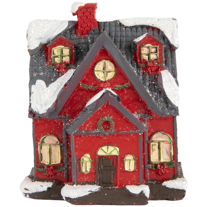 Clayre & Eef 6PR5739 Dekorácia Domček LED Červená sivá 6x5x7 cm Polyresin