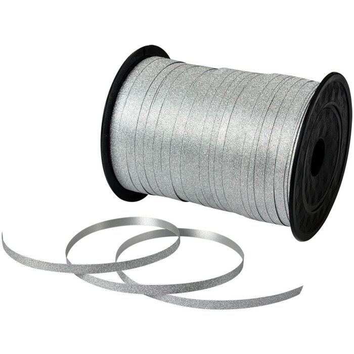 Clayre & Eef LI0148 Darčeková stuha strieborná 0.5cm x 228m plastová s trblietkami