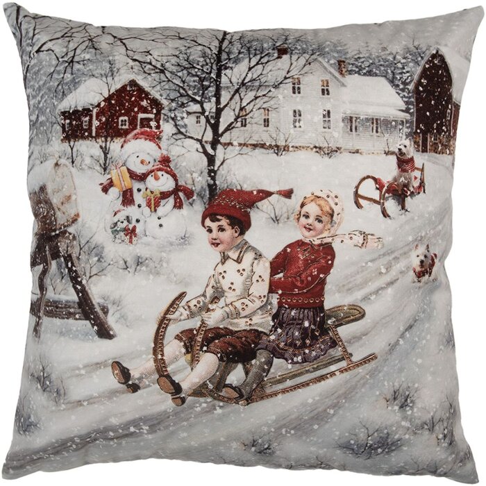Clayre & Eef KT021.410 Obliečka na vankúš sivá červená 45x45 cm zimný dizajn vidieckeho domu