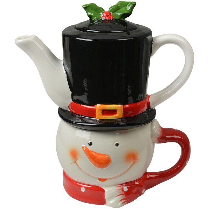 Clayre & Eef Tea for One Snehuliak Čajník Keramika Biela Červená 525ml