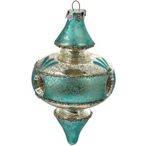 Clayre & Eef 6GL4716 Vianočný prívesok Modrá strieborná Ø 8x13 cm Sklenený vidiecky štýl
