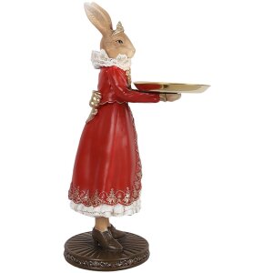 Clayre & Eef 6PR5359 Dekorácia Králik s miskou béžová červená zlatá 18x17x31 cm